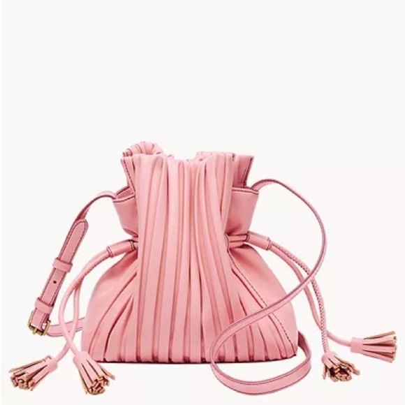 Fossil Rayna Drawstring Crossbody Bag Pink Tassel Bag - Picture 2 of 13